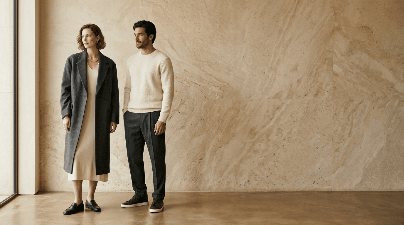 Editorial neutral fashion styling scene with two models in refined seasonal layers